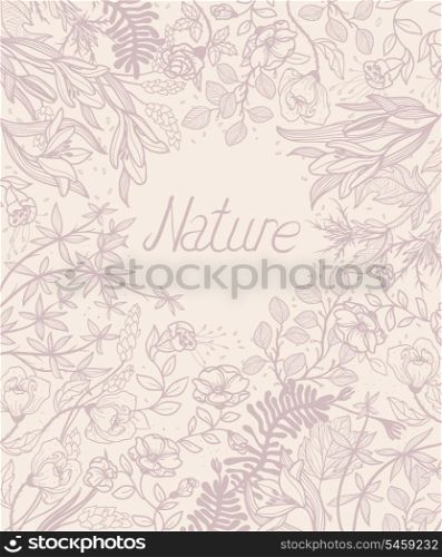 vector floral background with hand drawn plants and blooming flowers