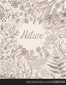 vector floral background with hand drawn plants, flowers and herbs