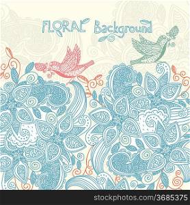 vector floral background with ornate pattern and colorful birds