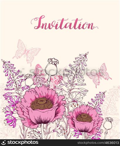 Vector floral background with pink poppy, wildflowers and butterfly. Hand drawn vector illustration.