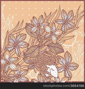 vector floral background with plants,flowers and a little white mouse