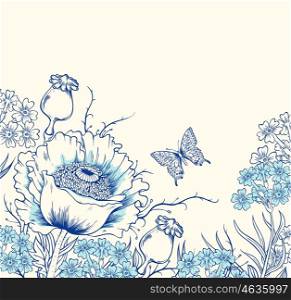 Vector floral background with poppy, wildflowers and butterfly. Hand drawn vector illustration.