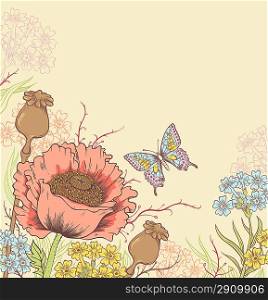 Vector floral background with red poppy and butterfly