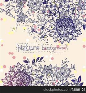 vector floral background with sunflowers and flying birds
