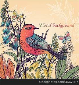 vector floral background with wild plants and a colored bird
