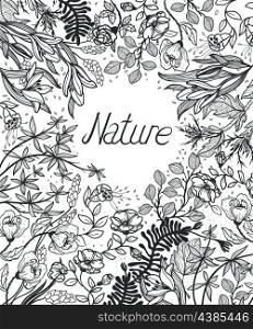 vector floral background with wild plants and blooming flowers