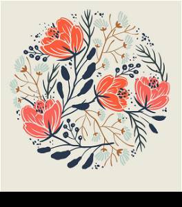 vector floral circle with blooming poppies and abstract plants