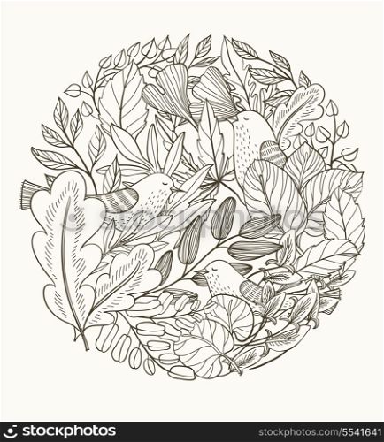 vector floral circle with hand drawn leaves and birds