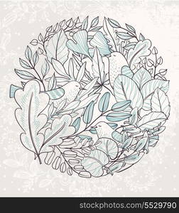 vector floral circle with leaves and birds