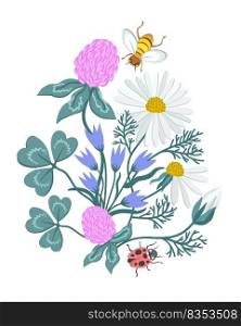 Vector floral composition. Summer blooming plants. Insects. Clover, camomiles, bells. Ladybird, bee.
