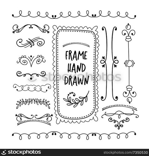 Vector floral decor set of hand drawn Doodle frames, dividers, borders, elements. Isolated on a white background.