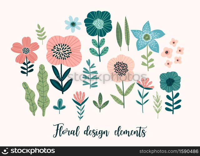 Vector floral design elements. Leaves, flowers, grass, branches berries Vector illustration. Vector floral design elements. Leaves, flowers, grass, branches, berries.