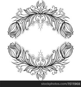 Vector floral element for design. Frame with flowers and leaves. Black and white hand drawn illustration.