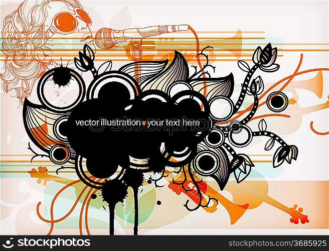 vector floral frame with abstract plants, music instruments and a singer.eps10