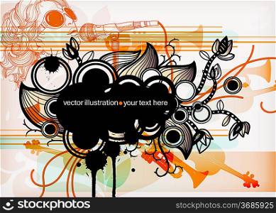 vector floral frame with abstract plants, music instruments and a singer.eps10