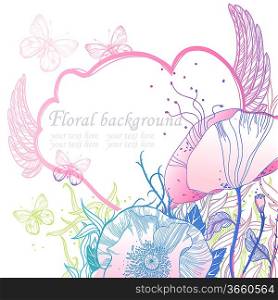 vector floral frame with blooming poppies and butterflies