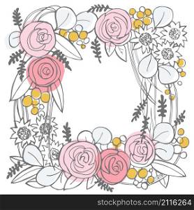 Vector floral frame with hand drawn flowers.