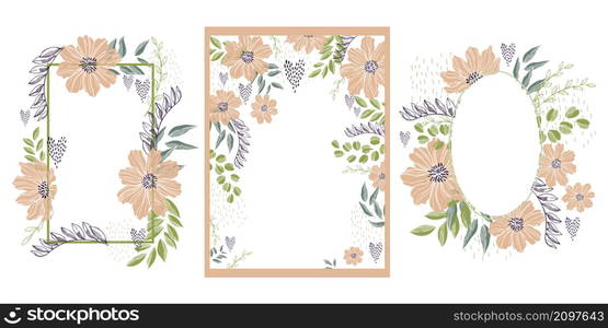 Vector floral frames and background with hand-drawn flowers and leaves.