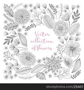 Vector floral hand drawn elements collection with leaves and flowers. Decorative floral set for fabric, textile, wrapping paper, card, invitation, wallpaper, web design.