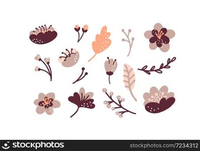 Vector floral hand drawn set. Colorful floral collection with leaves and flowers. Autumn or summer design for invitation, wedding or greeting cards.. Vector floral hand drawn set. Colorful floral collection with leaves and flowers. Autumn or summer design for invitation, wedding or greeting cards