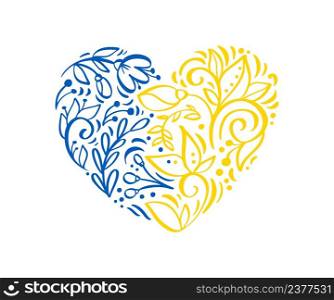 Vector floral heart. Cute flowers arranged shape of the heart in colors of Ukraine flag.. Vector floral heart logo. Cute flowers arranged shape of the heart in colors of Ukraine flag