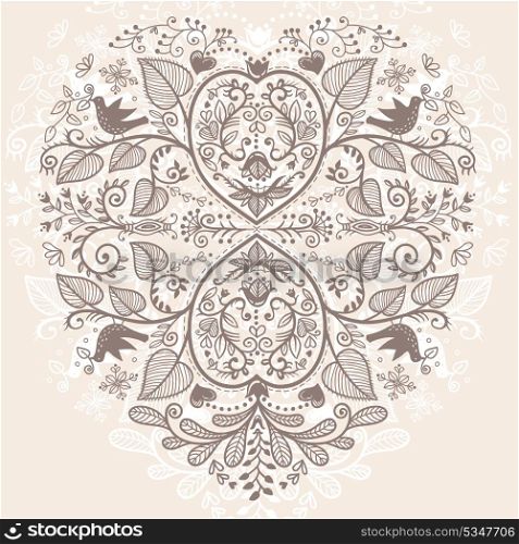 Vector floral heart with abstract plants and birds