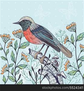 vector floral illustration of a bird and berries
