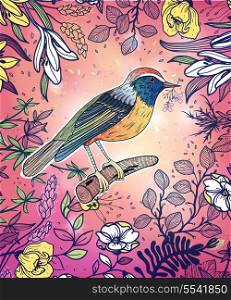 vector floral illustration of a bird with blooming flowers and plants