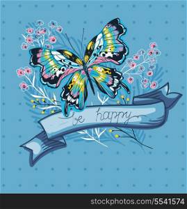 vector floral illustration of a colorful butterfly and blooming flowers