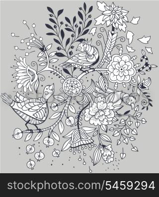 vector floral illustration of a fantasy tree with abstract birds and flowers