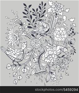 vector floral illustration of a fantasy tree with abstract birds and flowers