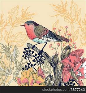 vector floral illustration of a little bird and blooming flowers