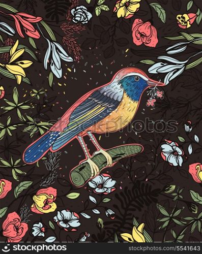 vector floral illustration of a little bird and blooming flowers on a dark brown background