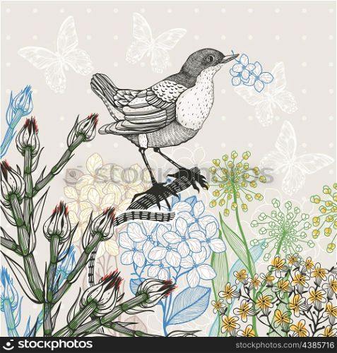 vector floral illustration of a little bird and blooming plants