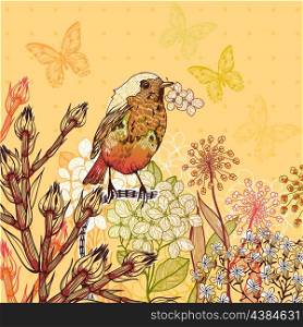 Vector floral illustration of a little bird and blooming summer flowers