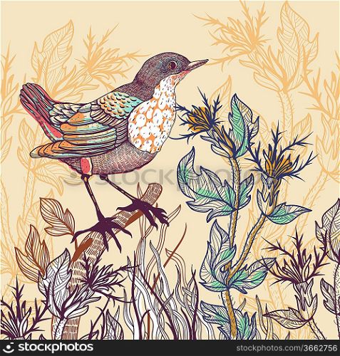 vector floral illustration of a little bird and wild herbs