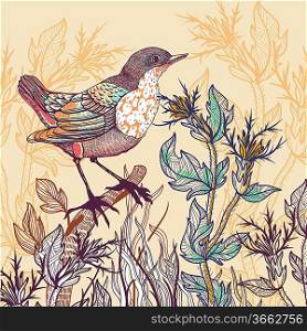 vector floral illustration of a little bird and wild herbs