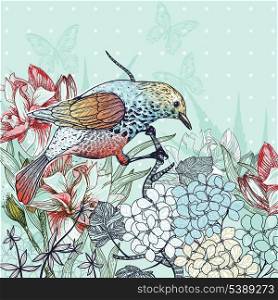 vector floral illustration of a wild bird and blooming flowers