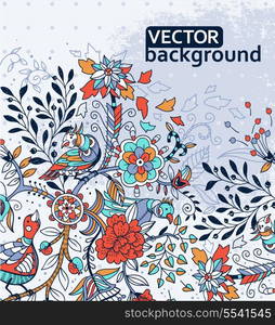 vector floral illustration of abstract fantasy plants and birds