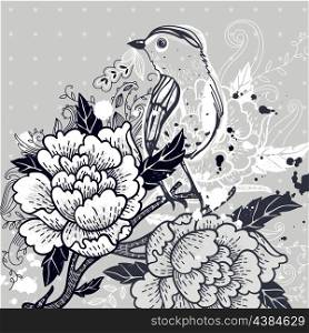Vector floral illustration of an abstract bird and blooming roses