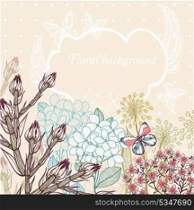 vector floral illustration of blooming flowers and colored butterflies