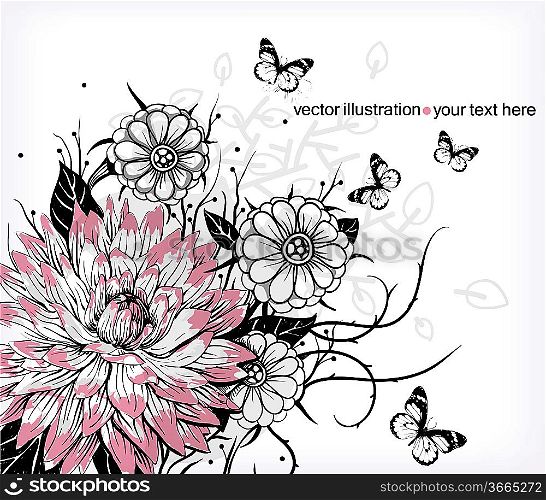 vector floral illustration of blooming flowers and flying butterflies