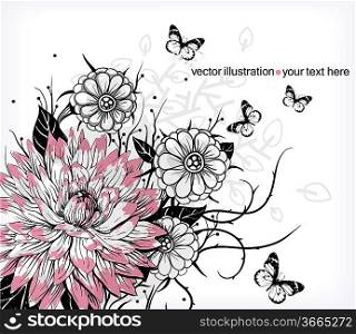 vector floral illustration of blooming flowers and flying butterflies