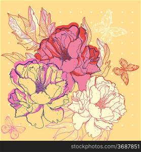 vector floral illustration of hand-drawn roses and butterflies