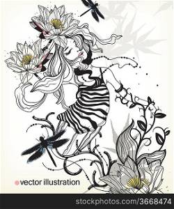 vector floral illustration with a girl and blooming waterlilies