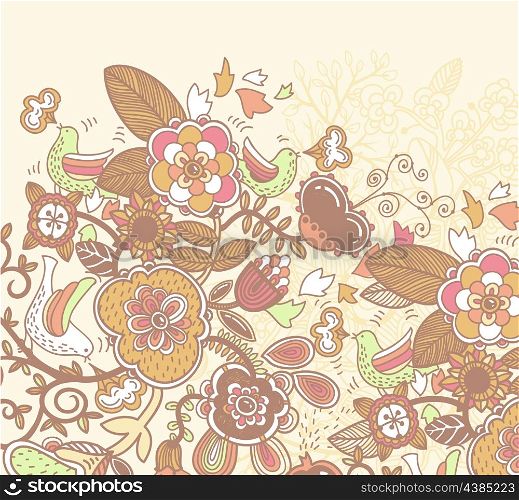 vector floral illustration with fantasy plants and birds