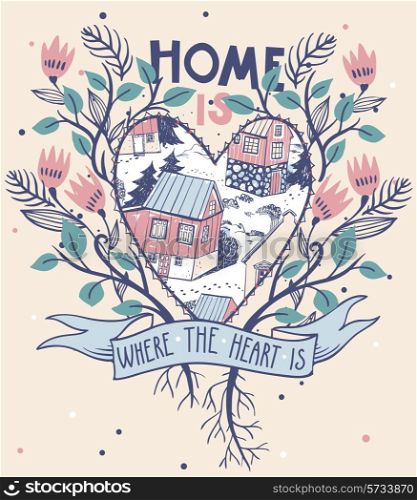 vector floral illustration with farm houses and vintage elements