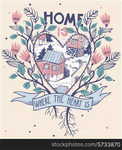 vector floral illustration with farm houses and vintage elements