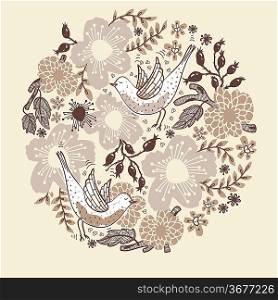 vector floral illustration woth funny birds and blooming flowers