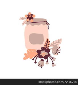 Vector floral jam jar illustration for food blog. Hand drawn cute design element. For restaurant, cafe menu or banner, poster.. Vector floral jam jar illustration for food blog. Hand drawn cute design element. For restaurant, cafe menu or banner, poster